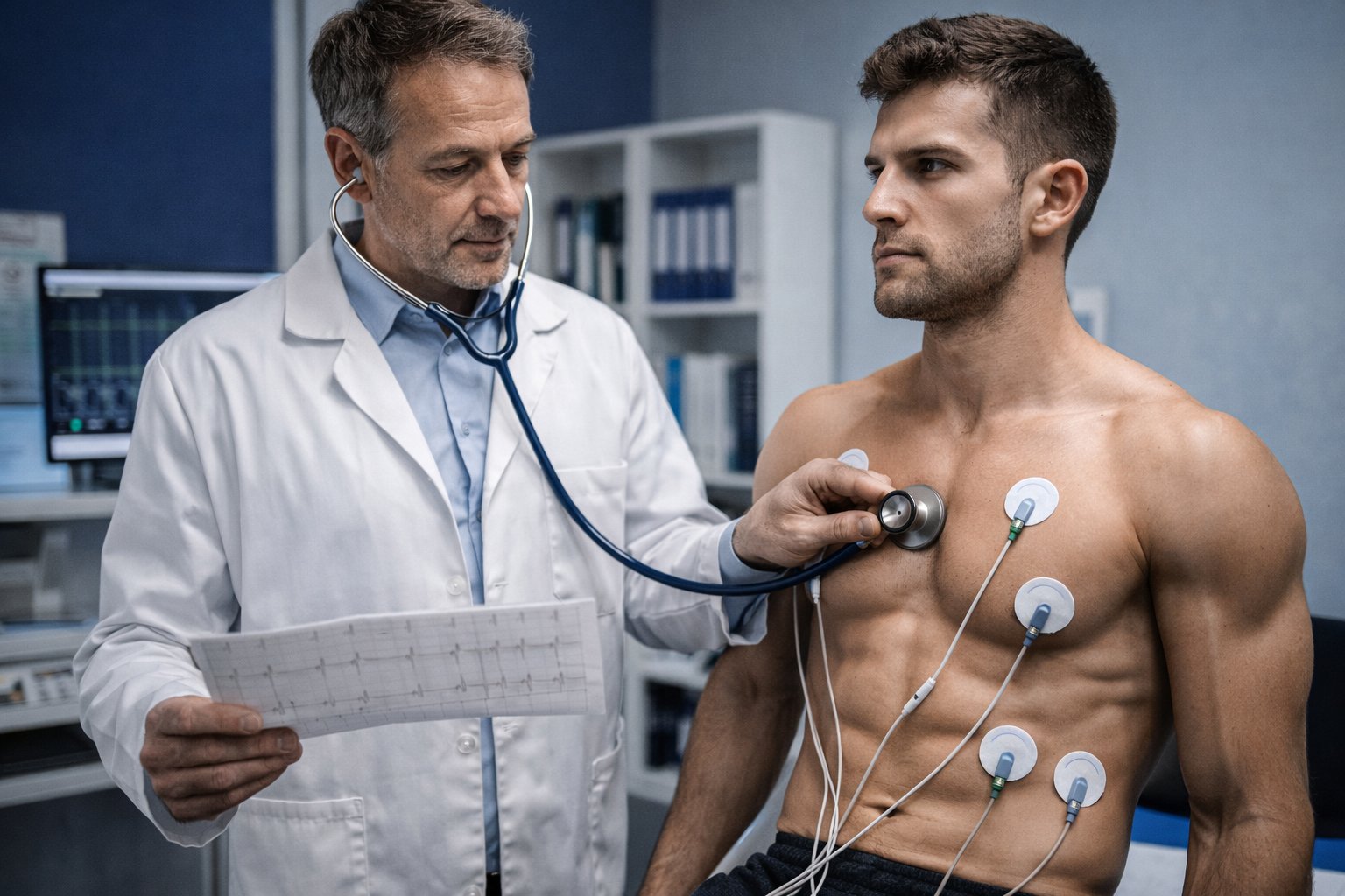 Visita medica sportiva a Monza — medico esegue elettrocardiogramma ECG su atleta